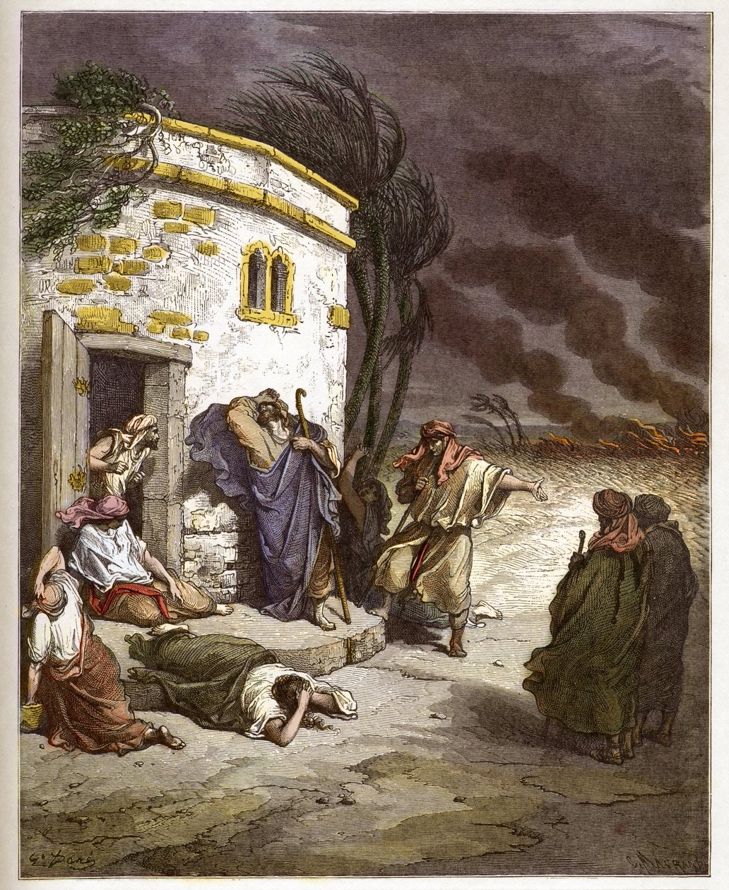 Job hearing of his ruin - Job learant sa ruine - - engraving in “The Bible illustree” by Gustave Dore (1832-1883) - Engraving from “” The Dore Bible”” av Gustave Dore