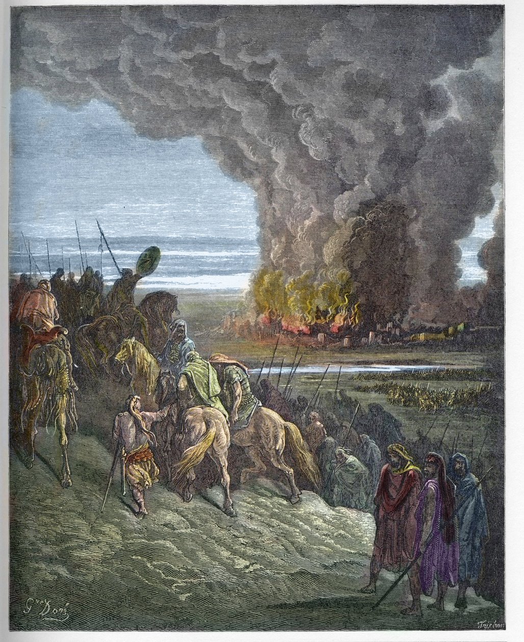 Joshua brenner byen Ai - Erobringen av byen Ai (Hai) av Josue (Josue Book to Flames the City of Ai) - gravering i "" The Bible illustree"" av Gustave Dore (1832-1883) - Gravering fra ""The Dore Bible"" av Gustave Dore