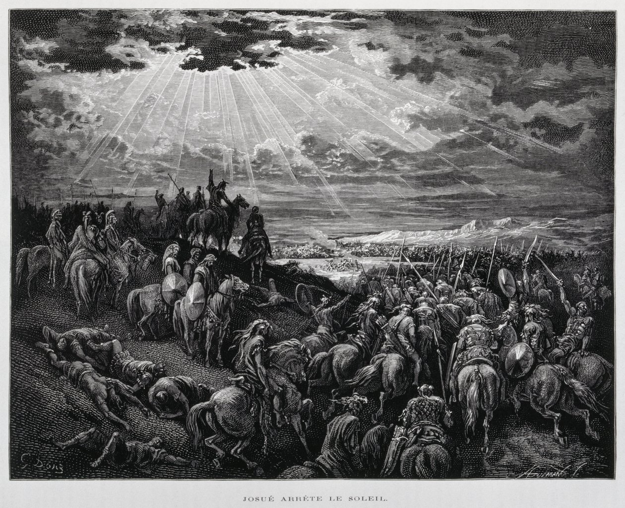 Joshua får solen til å stå stille, Illustrasjon fra Dore-bibelen av Gustave Dore