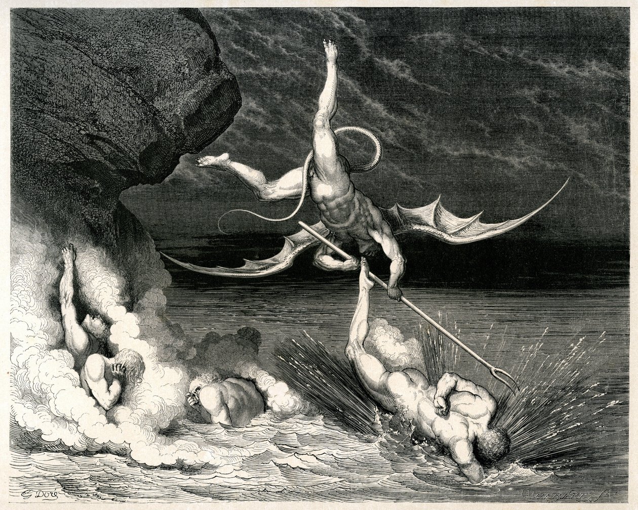 Helvete (Den guddommelige komedie) av Dante Alighieri illustrert av Gustave Dore. Hachette-utgave 1861 - Demon - Fransk oversettelse av Pier-Angelo Fiorentino.... Han beveget seg og ropte: Jeg har ham! (han trakk seg tilbake og ropte: Jeg har ham!) - Tjuet av Gustave Dore
