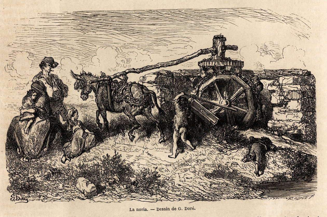 La noria, en hydraulisk maskin for å heve vannstanden ved å bruke energien produsert av strømmen, tegning av Gustave Dore (1832-1883), for å illustrere hans reise til Spania, med C. Davillier, i 1862. Gravering i "" Le tour du monde "", redigert av Edouard av Gustave Dore
