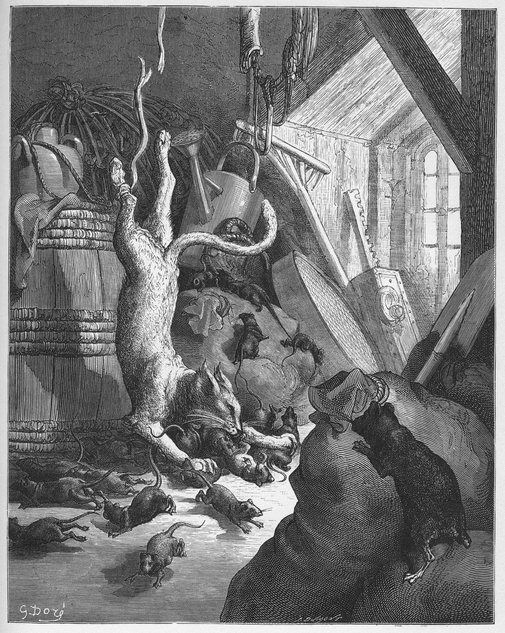 Katten og en gammel rotte - Katten og en gammel rotte - fra "Fables" av Jean de La Fontaine av Gustave Dore