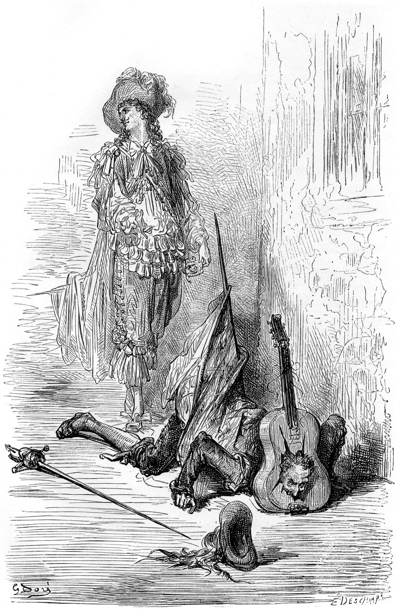 Leandre knuste nettopp en gitar på hodet til Matamore, illustrasjon for "Captain Fracass" av Gustave Dore