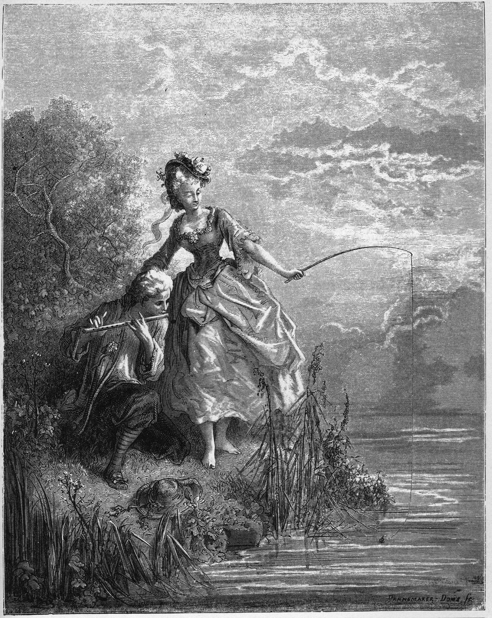 Fiskene og hyrden som spiller fløyte - Fiskene og hyrden som spiller fløyte - fra "Fables" av Jean de La Fontaine av Gustave Dore