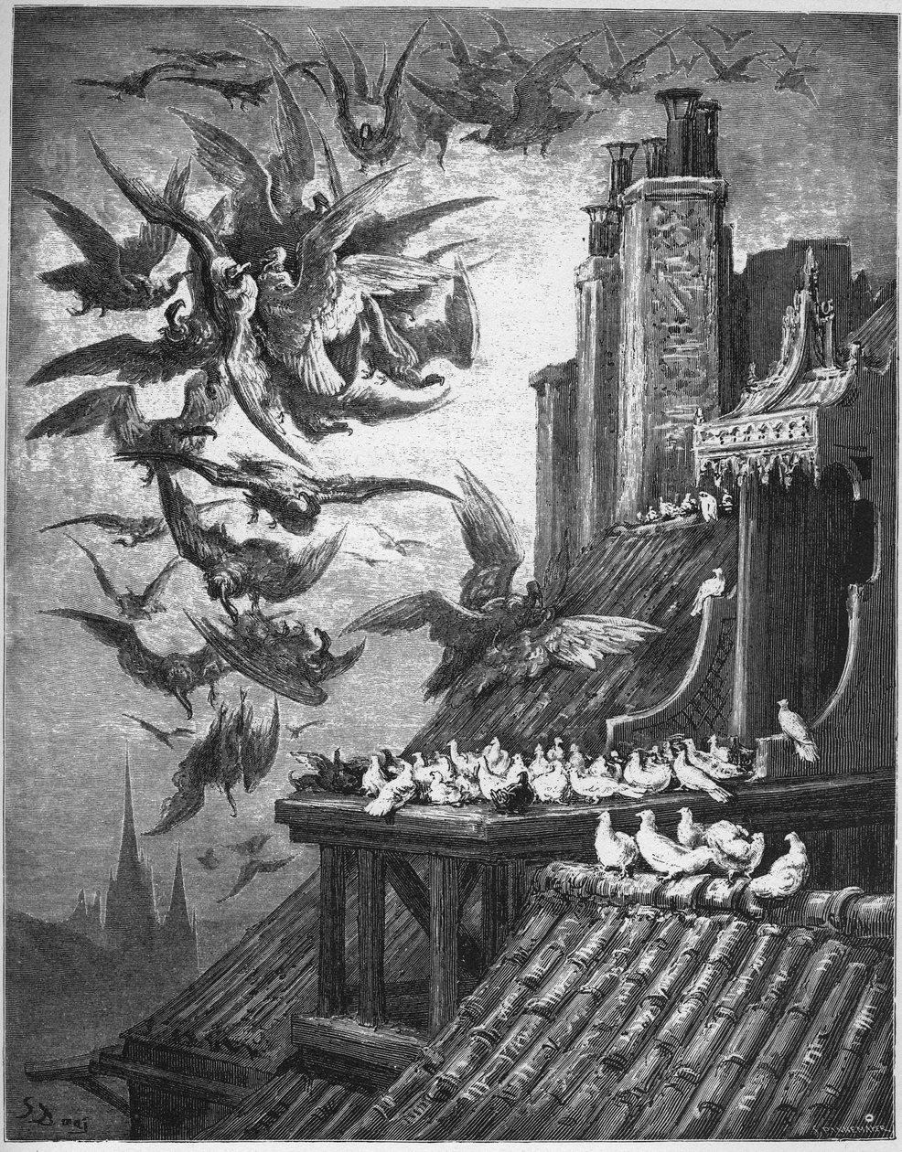 The Vultures And The Pigeons - fra "Fables" av Jean de La Fontaine av Gustave Dore