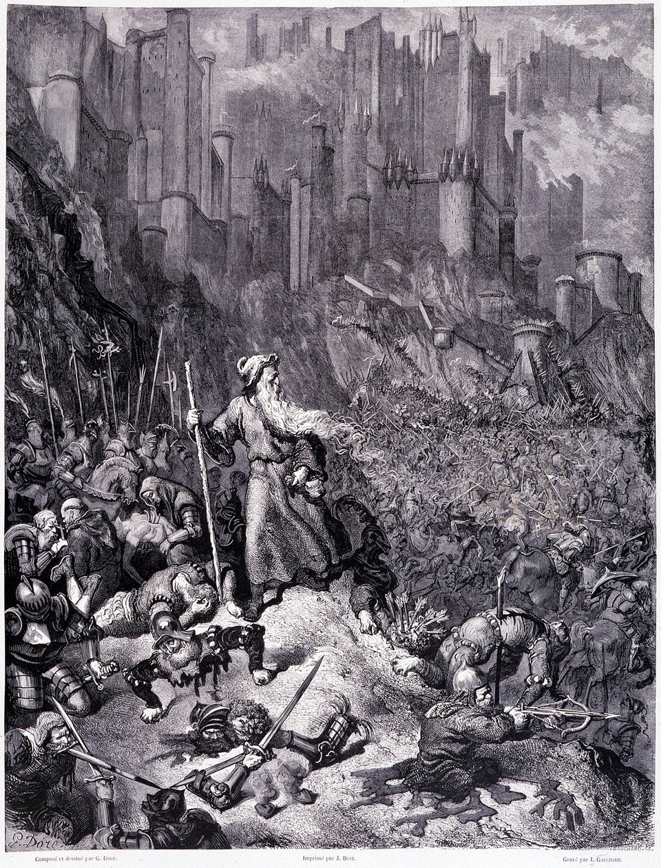 Kampene, plate IX - Illustrasjon av Gustave Dore (1832-1883), for La legende du Jeif wandering av Pierre Dupont, utgave Librairie du Magasin Picturesque, Paris 1862 av Gustave Dore
