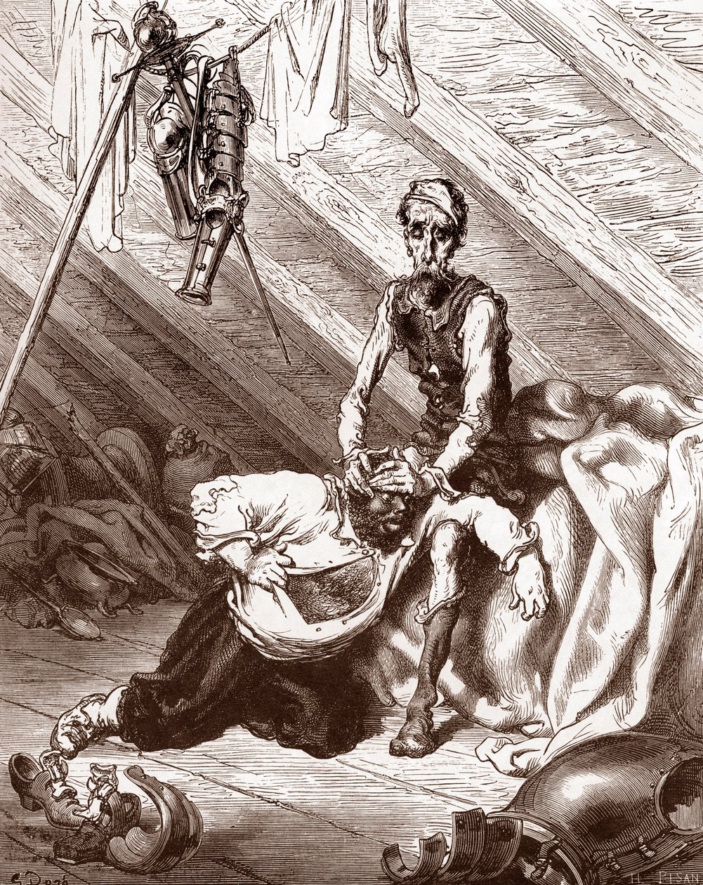 Dårlige effekter av eliksiren til Fierabras (dårlige effekter av medisinen som skulle helbrede Sanchos blåmerker) Gravering av Gustave Dore (1832-1883) for "L'Ingenieux Hidalgo Don Quixotte de la Manche (Quixotte - Quijote)" av Miguel av Cerv av Gustave Dore