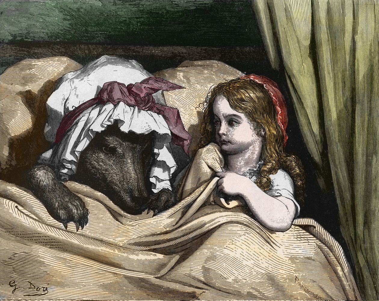 Rødhette og ulv misliker som bestemor. Illustrasjon av Gustave Dore av Gustave Dore