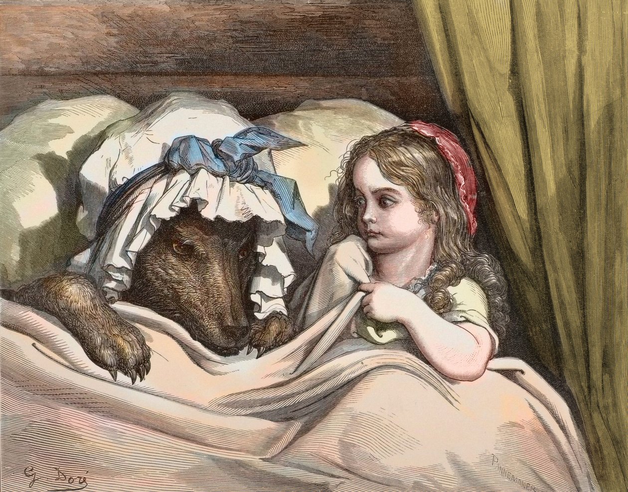 Rødhette og ulv misliker som bestemor. Illustrasjon av "The Tales" av Charles Perrault (1628-1703) av Gustave Dore (1832-1883) 1867 - Rødhette - Gustave Dore (1832-1883) Gravering av Gustave Dore