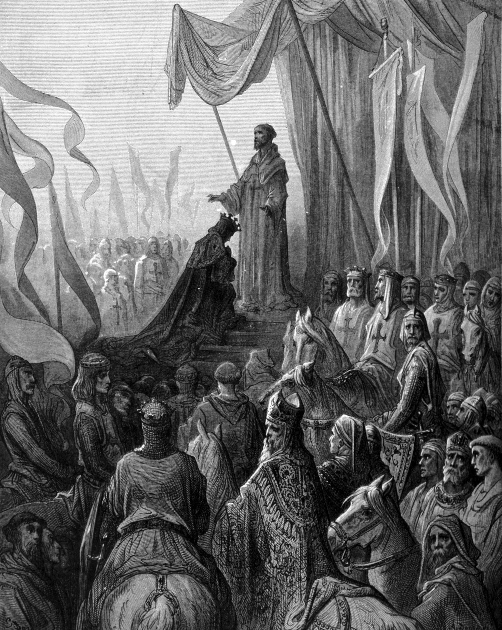 Louis VII (1120 - 1180) knelende foran St. Bernard av Clairvaux (San Bernardo di Chiaravalle) i Vezelay. Gravering av Gustave Doré. 1800-tallet av Gustave Dore