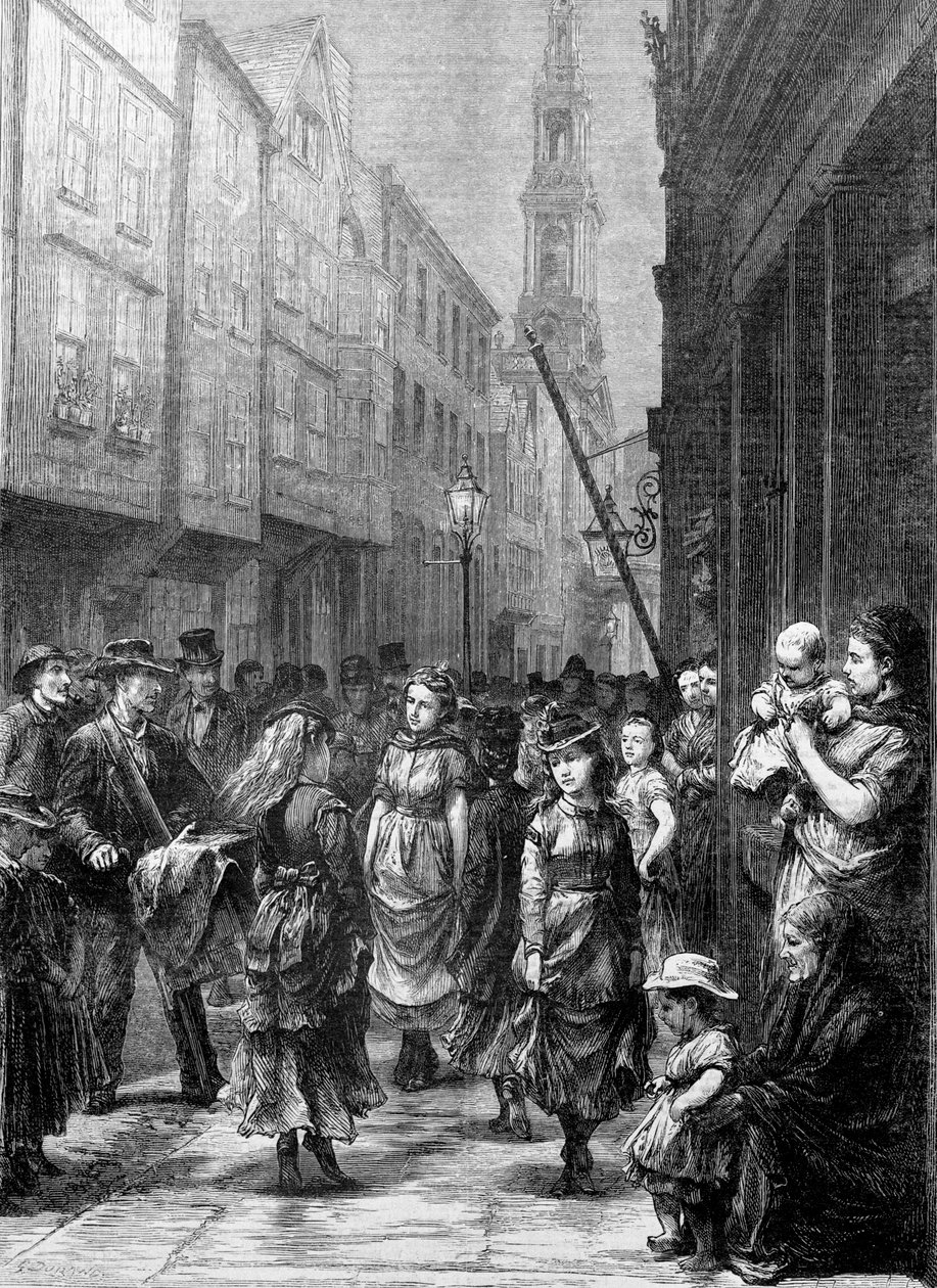 Jenter med lavt liv som danser for handel, Drury Lane, City of Westminster, London, c1852-c1883 av Gustave Dore