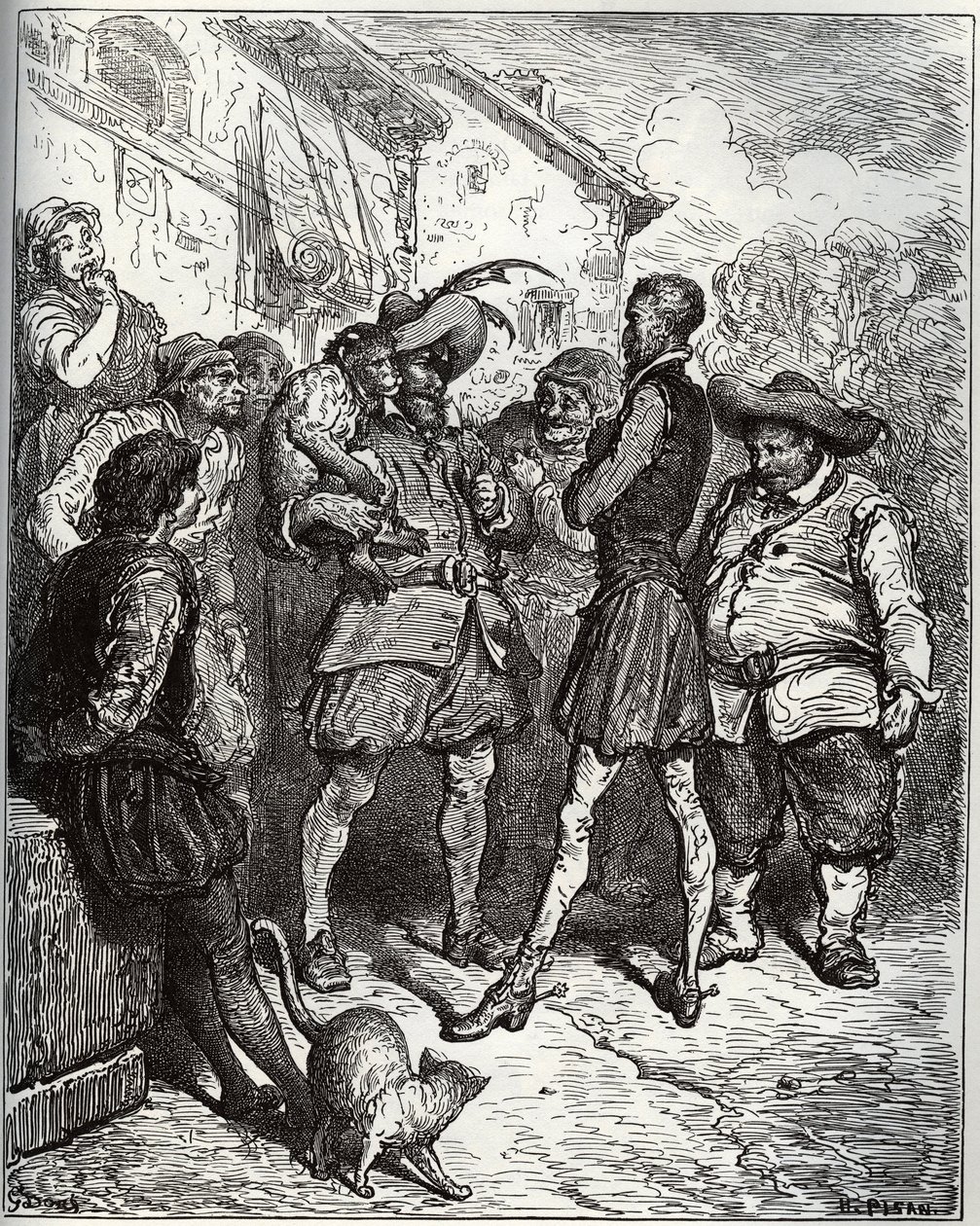 Maese Pedro og den spådomsape - fra "Don Quixote de la Mancha" av Miguel Cervantes (1547-1616) (Don Quixote) - Tresnitt etter tegning av Gustave Dore av Gustave Dore