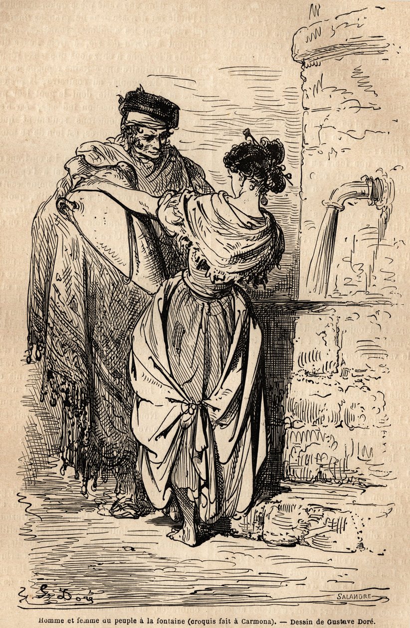 Mann og kvinne av folket har fontenen, i Carmona, landsbyen nær Sevilla. Skisse tatt live av Gustave Dore (1832-1883). Gravering for å illustrere reisen i Spania, i 1862 av Charles Davillier og Gustave Dore, i "Le tour du monde, nouveau av Gustave Dore