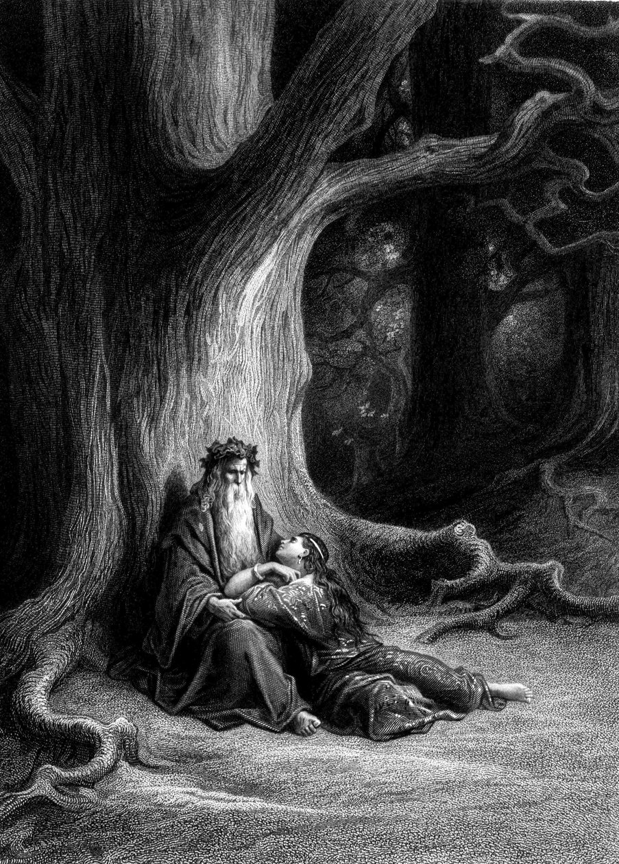 Merlin og Viviane i Broceliande-skogen (Cycle des chevaliers de la Table Ronde) - i "" Viviane"" av Alfred Tennyson, illustrasjon av G. Doré av Gustave Dore