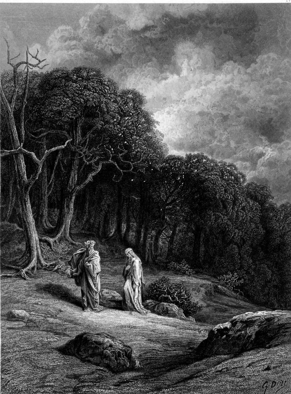 Merlin og Viviane i Brocéliande-skogen - i "" Viviane"" av Alfred Tennyson, illustrasjon av G. Doré av Gustave Dore