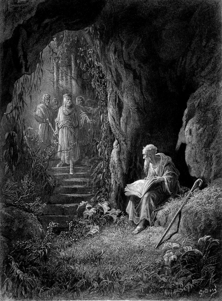 Merlin oppdaget av kong Arthurs offiserer i Broceliande-skogen (Cycle des chevaliers de la Table Ronde) - i "" Viviane"" av Alfred Tennyson, illustrasjon av G. Doré av Gustave Dore