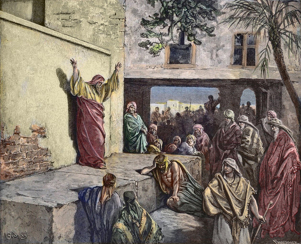 Micah the Moreshite-profeten forkynner for israelittene, gravering av Gustave Dore - "Profeten Michee formaner Israels folk til å omvende seg"" Gravering fra 