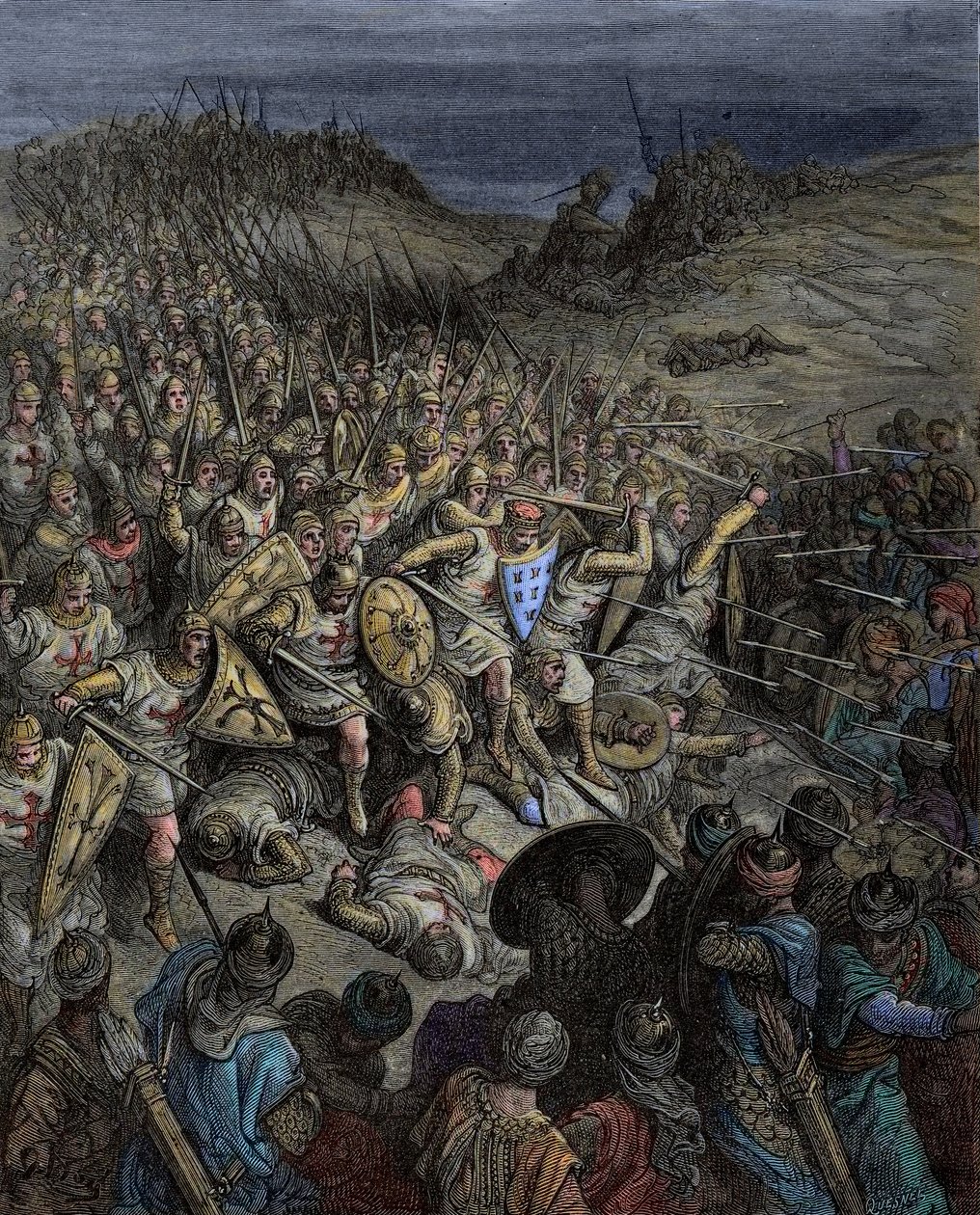 Middelalder: Første korstog. Godefroy de Bouillon korstog som beseiret de muslimske styrkene (tyrkerne fra Sultanatet av Rum) til Sultan Kilij Arslan a Dorylee (Dorylaeum, Dorylaion) i Lilleasia av Gustave Dore