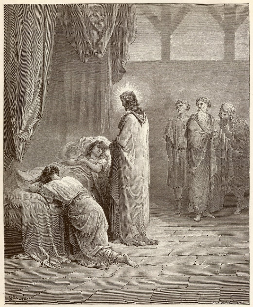 Mirakel: Jesus Kristus helbredet datteren til Jaire (Jairus eller Jairos). Gravering fra Bibelen illustrert av Gustave Dore (1832-1883) av Gustave Dore