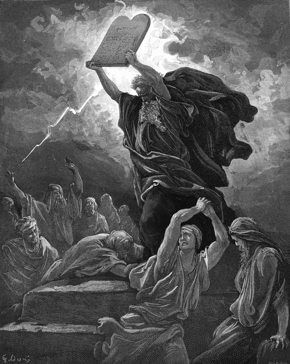 Moses breaks the tablets of the law, engraving. - Bible av Gustave Dore