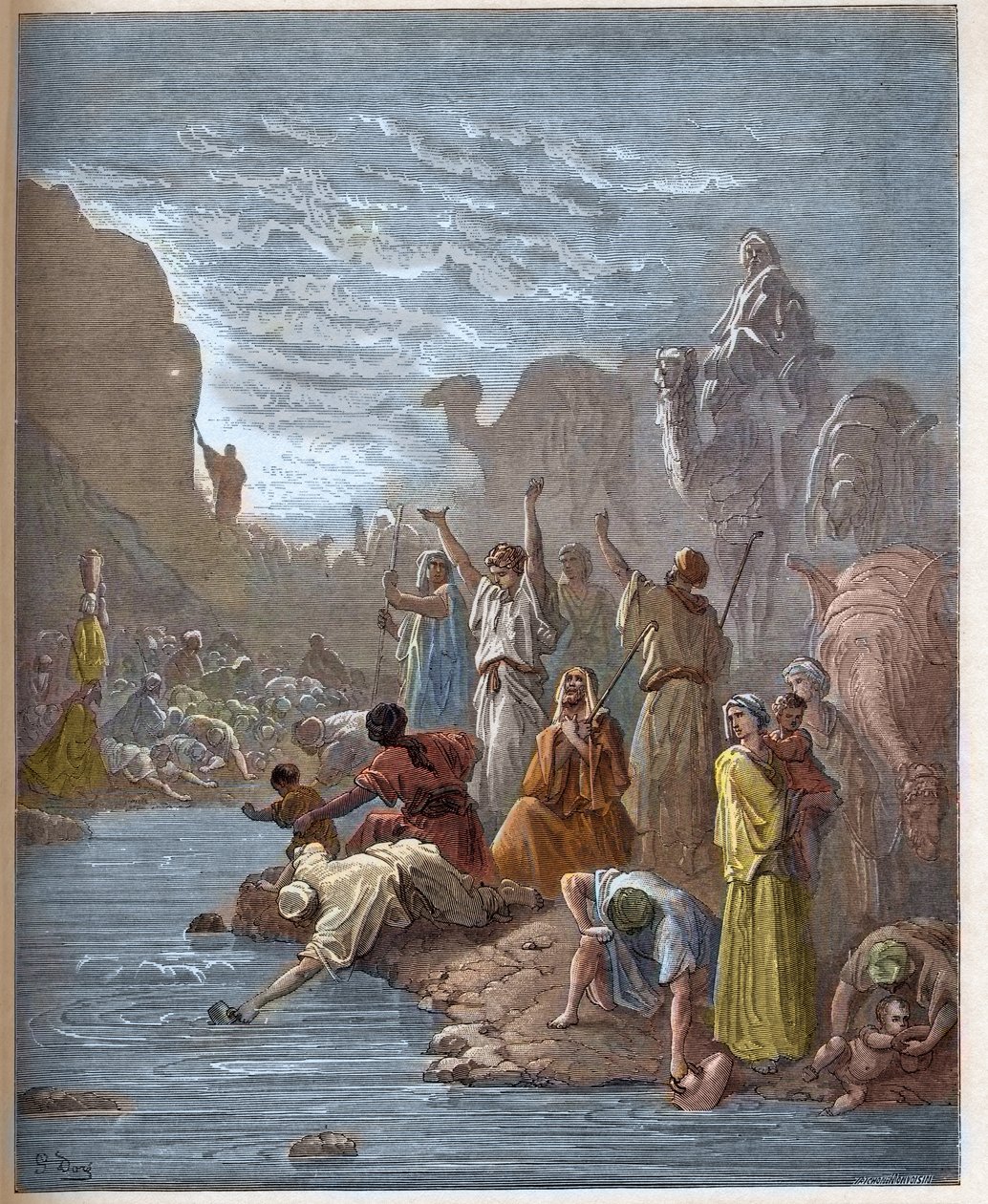 Moses bringer vann frem fra klippen - Moise fait l'eau du rock, dans le ørken - Book of Exodus (Bible) - gravering i "" The Bible illustree"" av Gustave Dore (1832-1883) - Gravering fra "" The Dore Bibelen"" av Gustave Dore