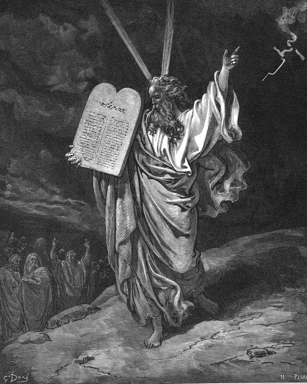 Moses steg ned fra Sinai-fjellet med lovens tavler (ti bud). 2. Mosebok 5.35. Illustrasjon av Gustave Dore (1832-1883) for The Bible (London 1866). Tregravering. av Gustave Dore