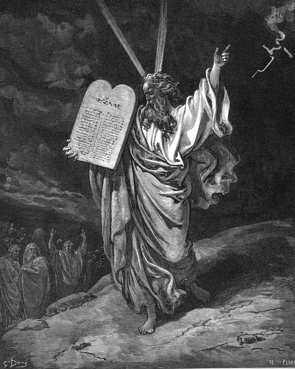 Moses steg ned fra Sinai-fjellet med lovens tavler, ti bud, 1866 av Gustave Dore