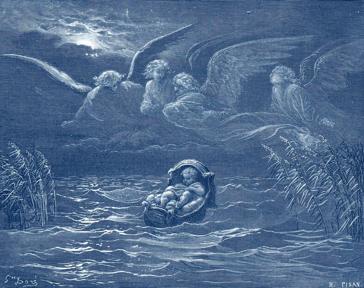 Moses on the river Nile, engraving by Doré - Bible av Gustave Dore
