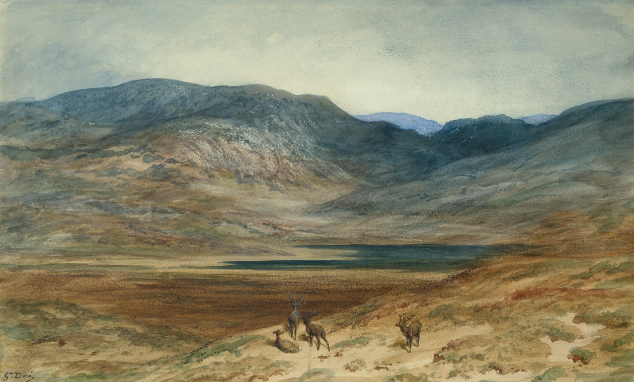 Fjelllandskap med hjort, 1873 (wc og fargestift på papir) av Gustave Dore