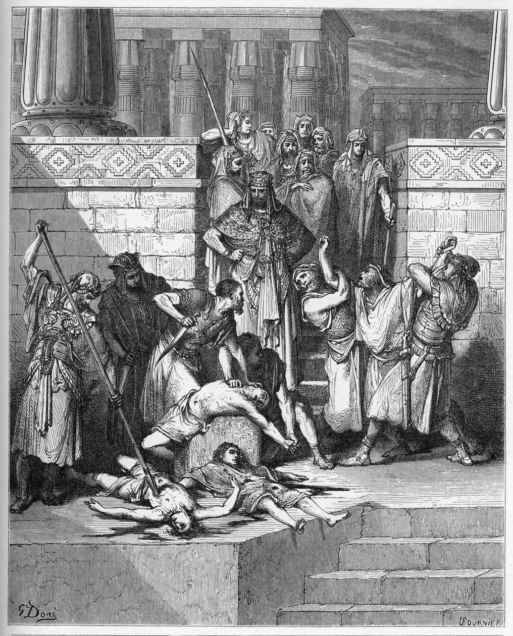 Nebuchadnezzar orders the sons of the rebel Zedekiah to be killed - engraving in “The Bible illustree” by Gustave Dore (1832-1883) - Engraving from “” The Dore Bible”””” av Gustave Dore