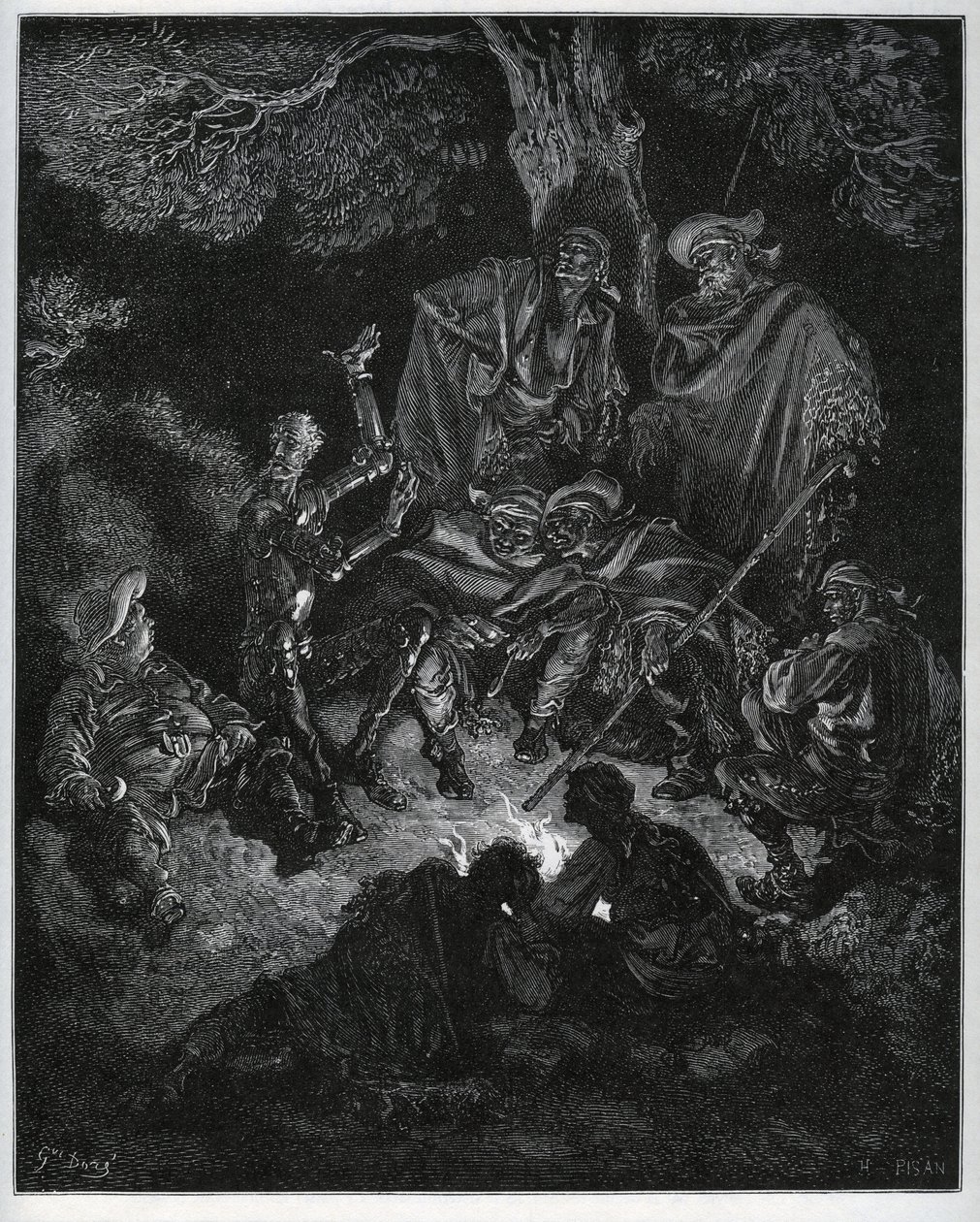 Nattlys der Don Quixote forteller historien om verden til geitene og en Sancho Panza - fra "Don Quixote de la Mancha" av Miguel Cervantes (1547-1616) (Don Quixote) - Tresnitt etter tegning av Gustave Dore av Gustave Dore