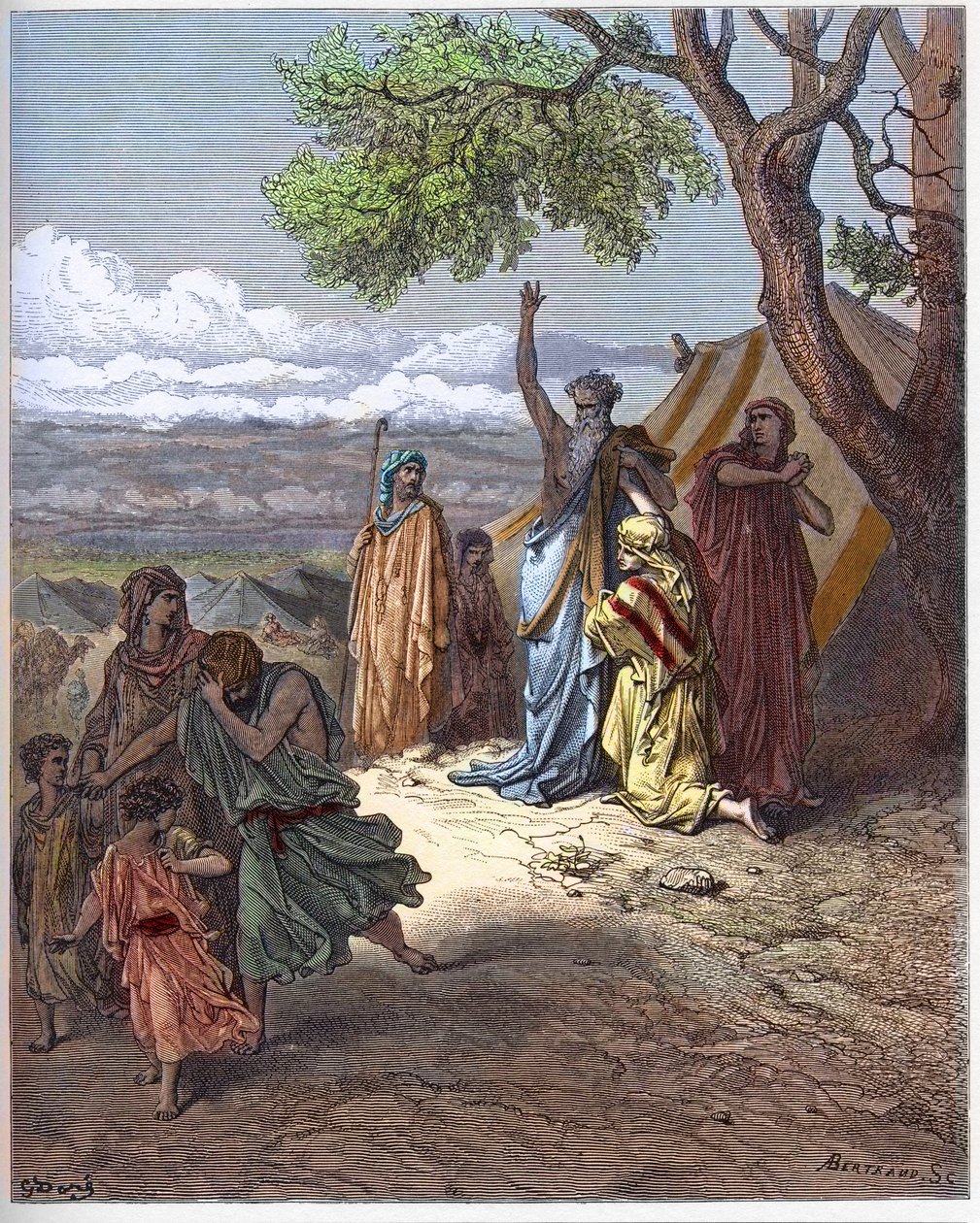 Noah driver bort skinke - Noah forbanner Ham - The Curse of Cham - Patriark Noe forbanner barnebarnet sitt Kanaan, for en feil begått av faren Cham på Ararat-fjellet - gravering i "The Bible Illustree"" av Gustave Dore (1832-1883) - Gravering fra "" The Do av Gustave Dore