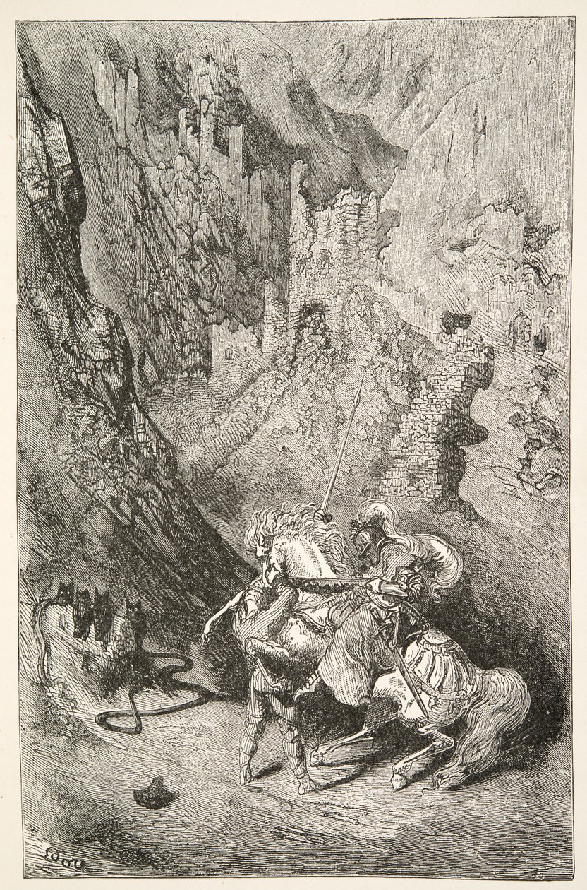På vei til det grønne kapellet, fra Stories of the Days of King Arthur av Charles Henry Hanson, pub.1898 av Gustave Dore