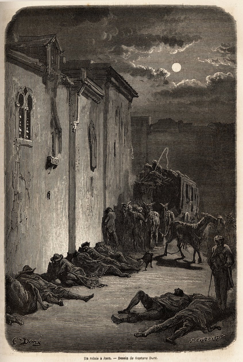 En natt i en stafett i Jaen. Tegning av Gustave Dore (1832-1883), for å illustrere hans reise til Spania i 1862, med Ch. Davillier. Gravering i "" Le tour du monde"", redigert av Edouard Charton av Gustave Dore