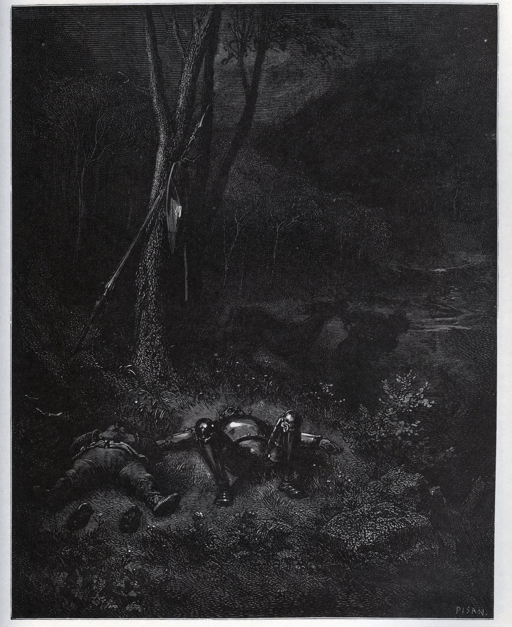 One of the fugitives, Gines de Passamont, steals the donkey from Sancho Panza during the sleep of the two travellers - from “Don Quixote de la Mancha” by Miguel Cervantes (1547-1616) (Don Quixote) - Woodcut after drawing by Gustave Dore av Gustave Dore