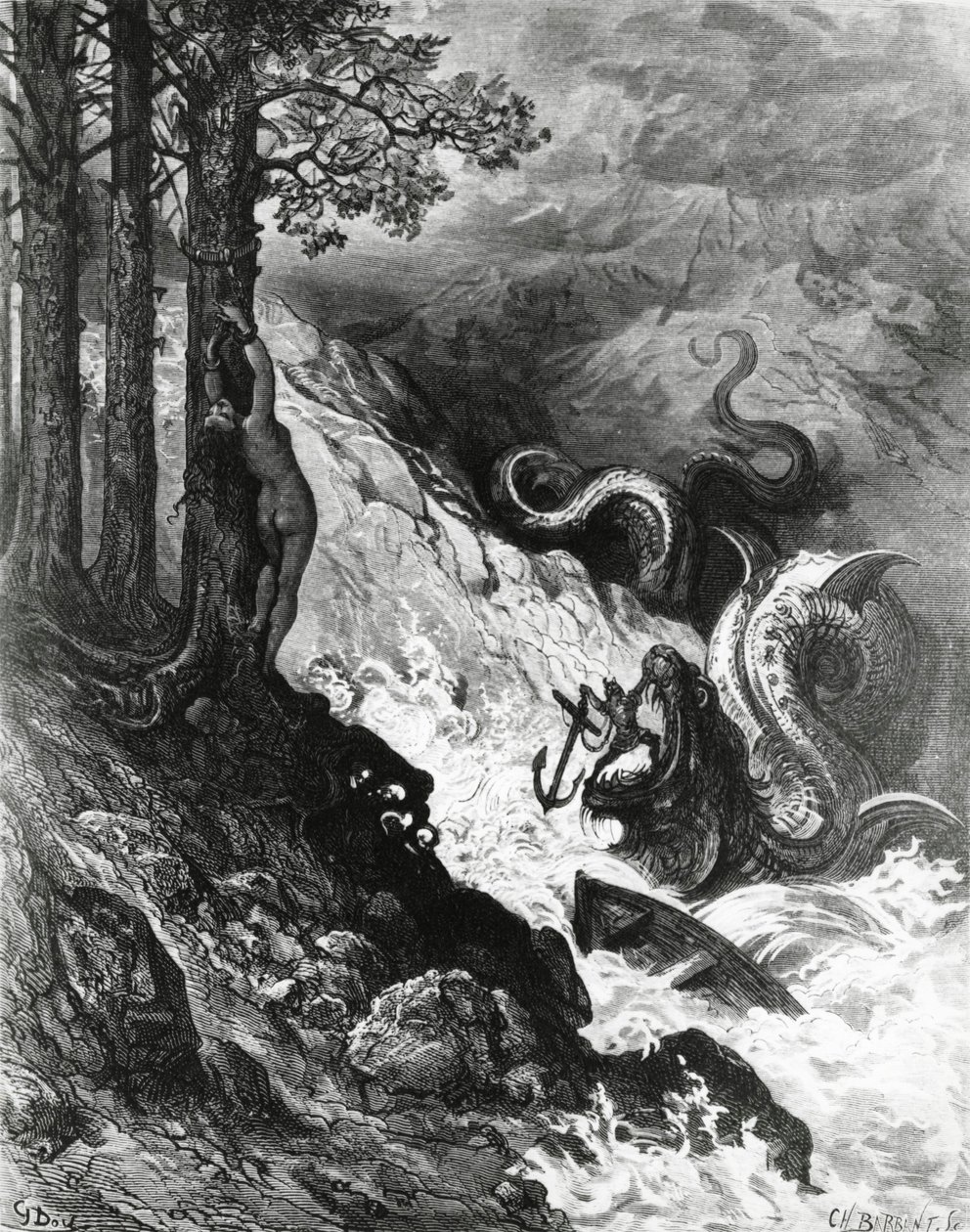 Orlando kjemper mot orken, fra The Frenzy of Orlando, av Paul Gustave Dore, illustrasjon av Gustave Dore