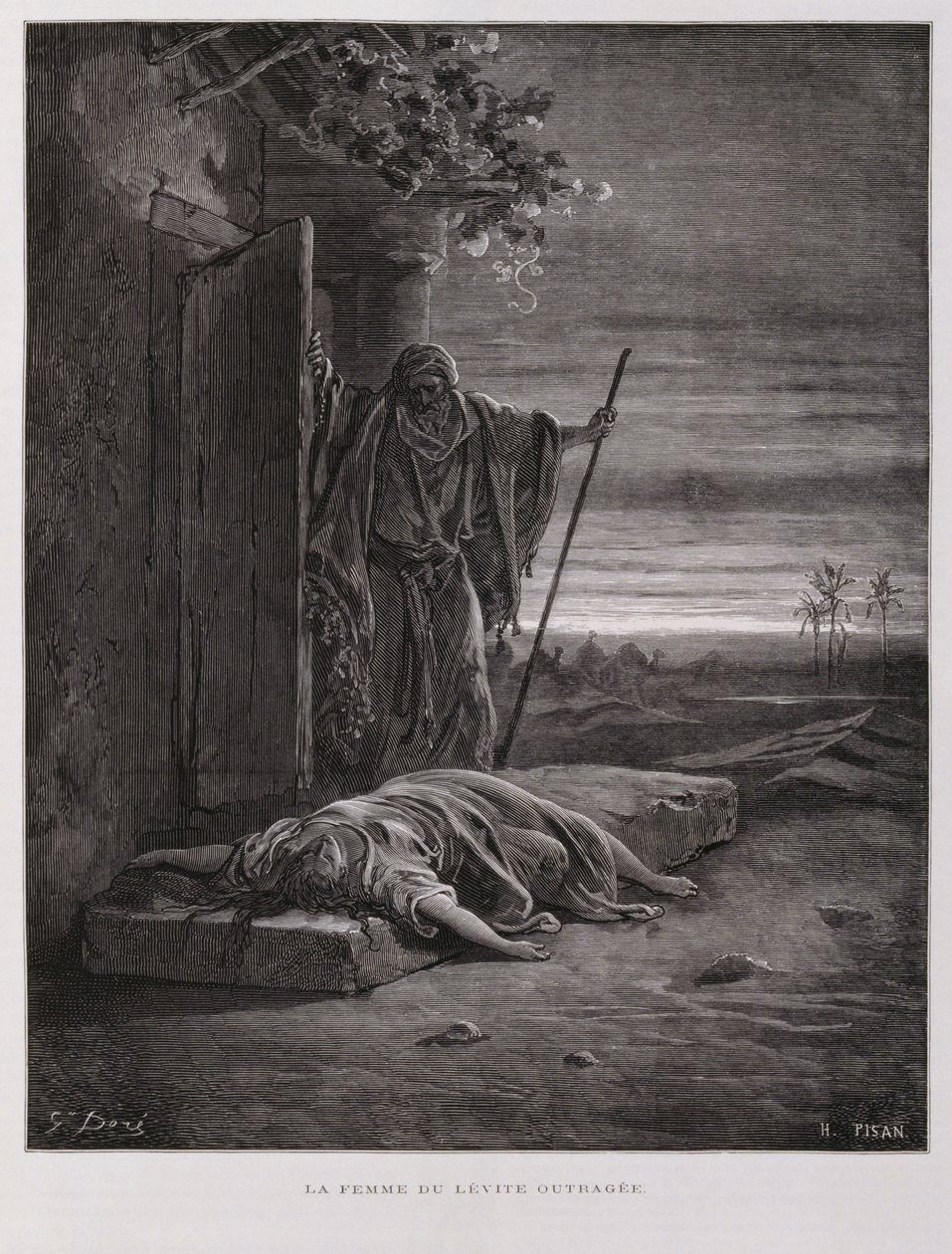 Skam i Gibea, levitten bærer sin døde konkubine bort, illustrasjon fra Dore-bibelen av Gustave Dore
