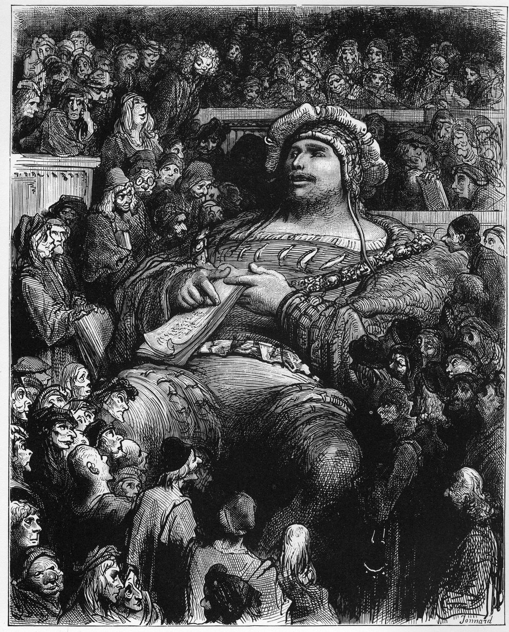 Pantagruel tester motet mot de parisiske forskerne - illustrasjon fra 'Gargantua og Pantagruel', av Francois Rabelais - gravering av Gustave Dore (1832-1883) av Gustave Dore