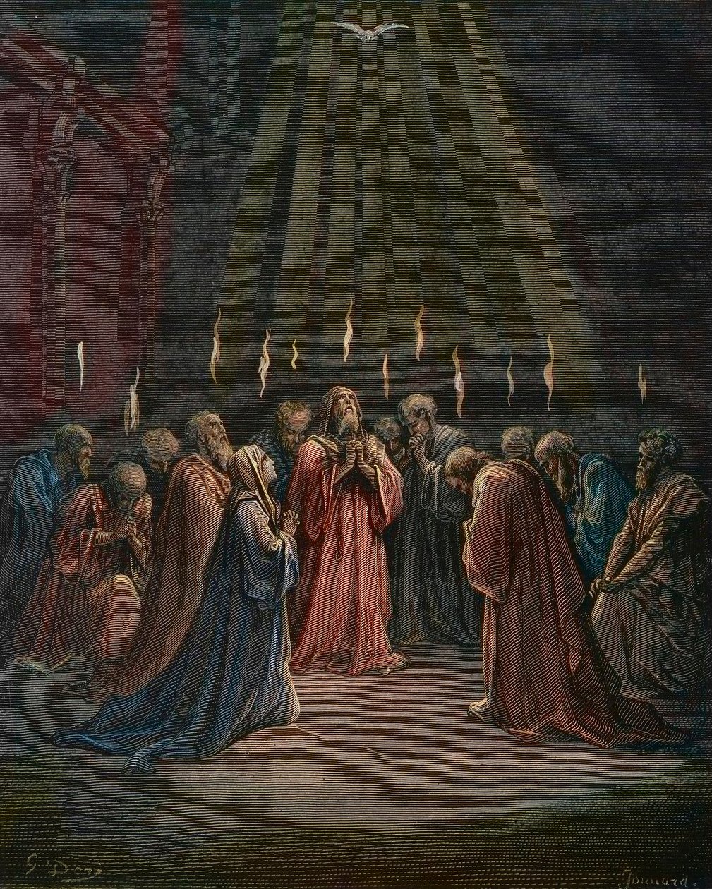 Pinse - Pinse (Den Hellige Ånds komme) - Pinse, Den Hellige Ånds nedstigning, gravering av Gustave Dore (1832-1883) - senere fargelegging av Gustave Dore