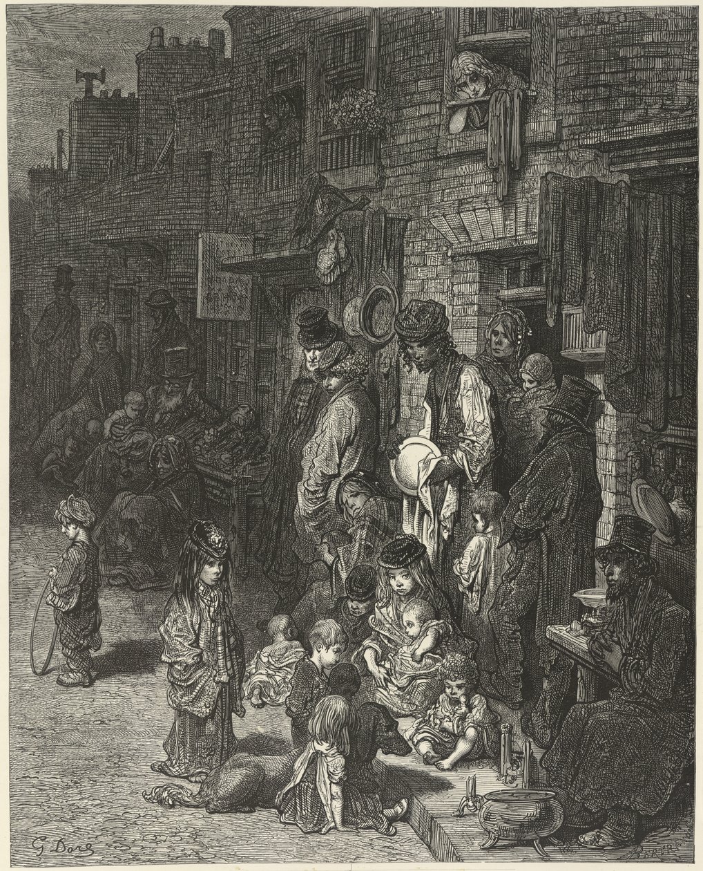 Folk som står og sitter utenfor husene sine, i en gate, fra "London: a pilgrimage", av William Blanchard Jerrold av Gustave Dore
