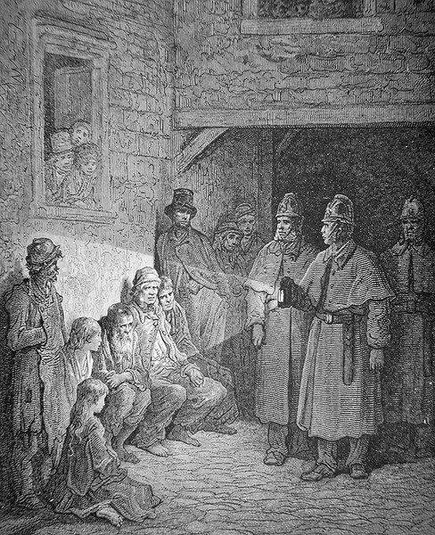 Politimenn på patrulje i Londons Rookery, gravert av Stephane Pannemaker (1847-1930) av Gustave Dore