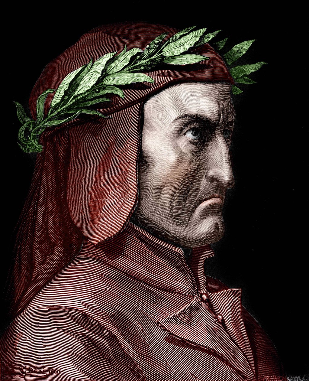 Portrait of Dante Alighieri (1265-1321), Italian writer. Engraving by Gustave Doré from 1860. av Gustave Dore