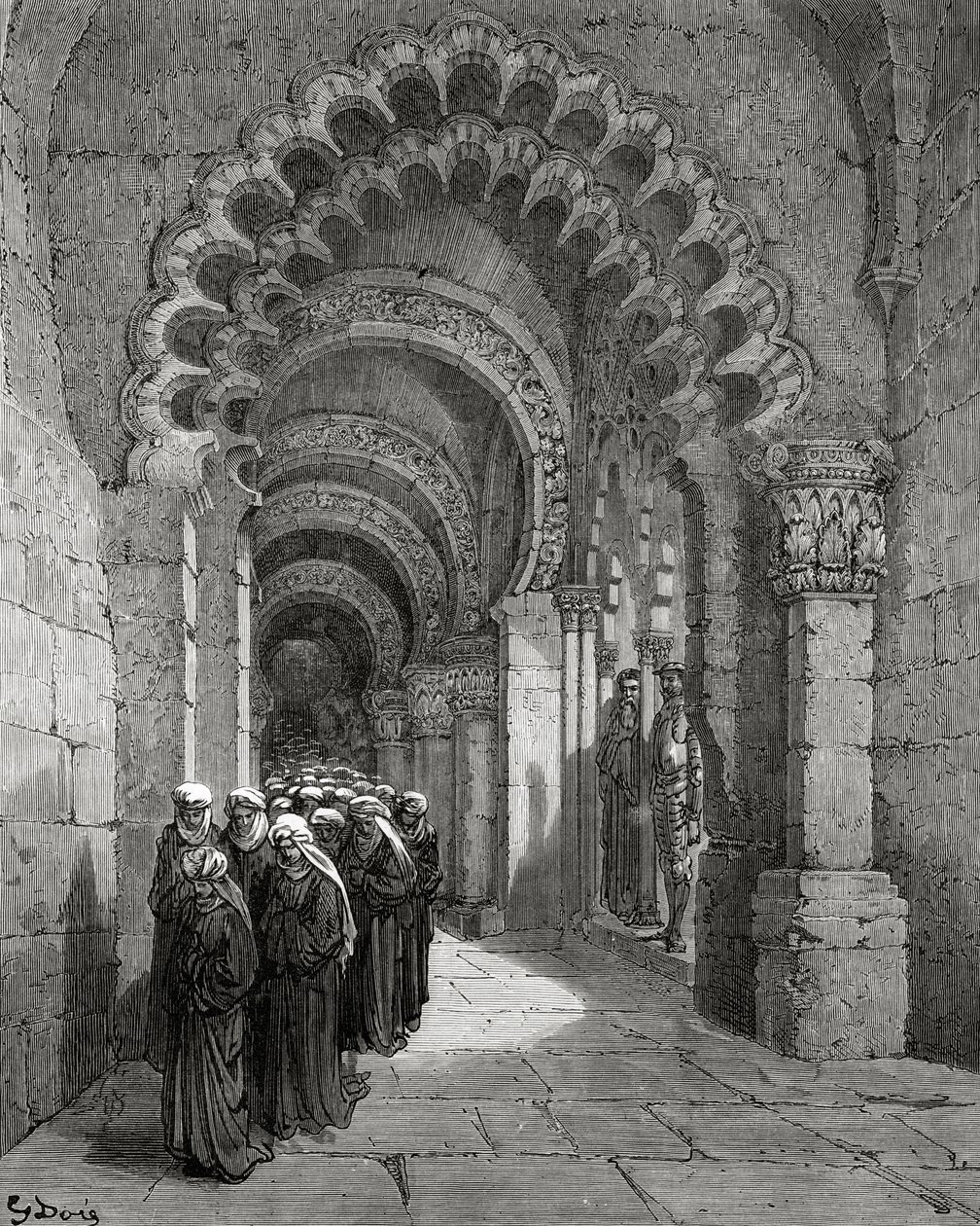 Procession of Damsels Mourning, fra 'Don Quixote de la Mancha' av Miguel Cervantes, gravert av Heliodore Joseph Pisan, ca. 1875 av Gustave Dore