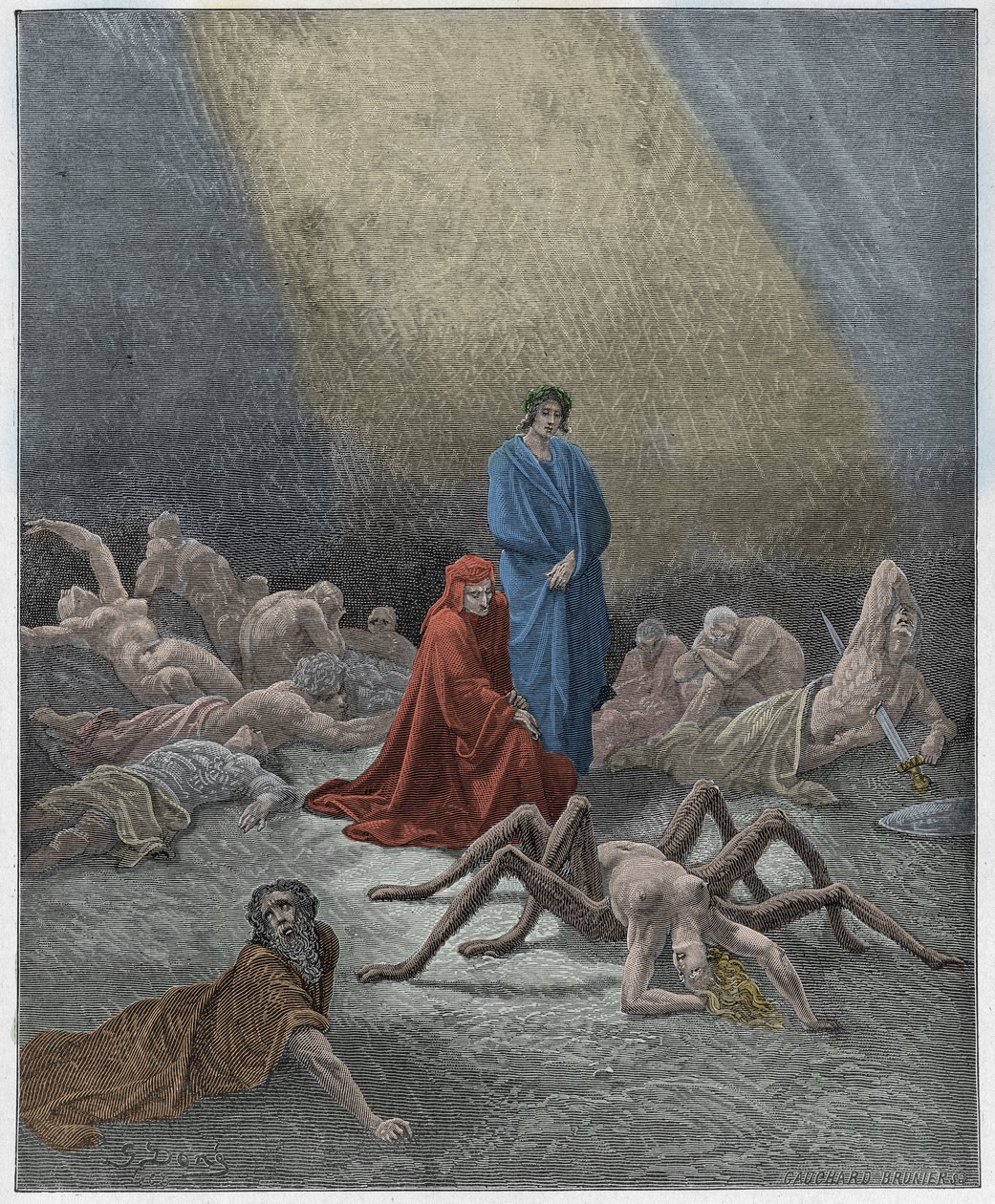 Purgatorio, Canto 12: Dante ser på Arachnes sjel, illustrasjon fra "The Divine Comedy" av Dante Alighieri, 1885 av Gustave Dore