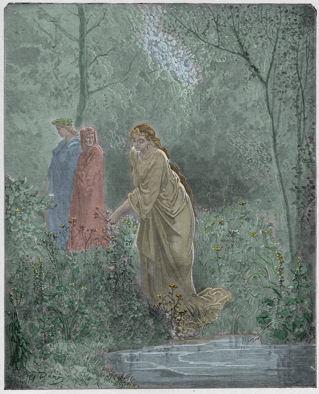Purgatorio, Canto 27: Dantes drøm om Leah i engen, illustrasjon fra "The Divine Comedy" av Dante Alighieri, 1885 av Gustave Dore