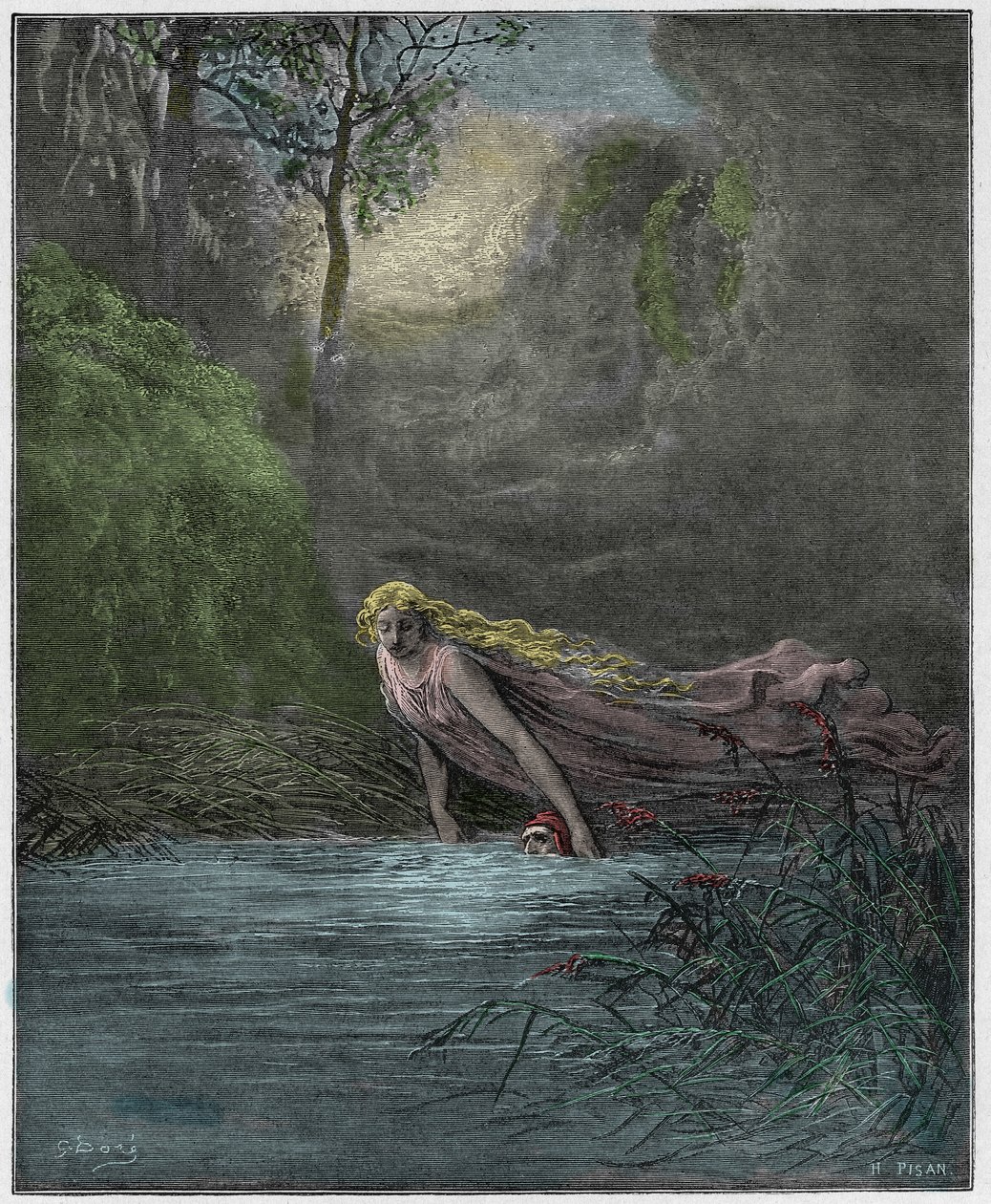Purgatorio, Canto 31: Dante nedsenket i elven Lethe, illustrasjon fra "The Divine Comedy" av Dante Alighieri, 1885 av Gustave Dore