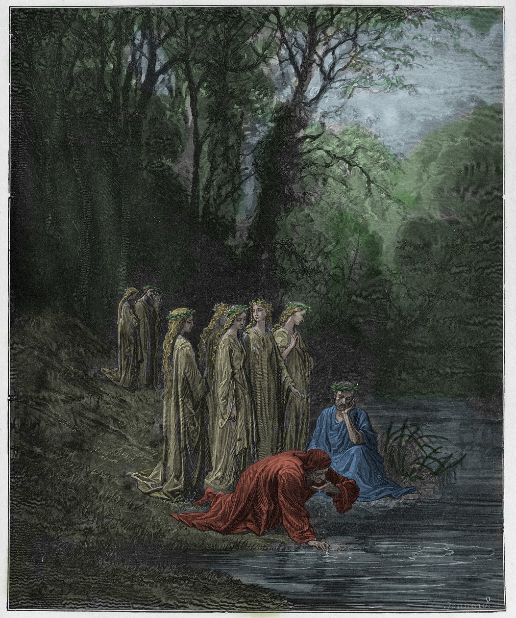 Purgatorio, Canto 33: Dante drikker av elven Eunoe, illustrasjon fra "The Divine Comedy" av Dante Alighieri, 1885 av Gustave Dore