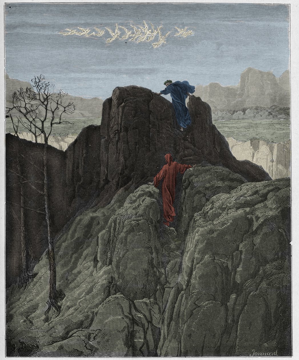 Purgatorio, Canto 4 : Virgil fører Dante opp den forrevne fjellsiden, illustrasjon fra "The Divine Comedy" av Dante Alighieri, 1885 av Gustave Dore