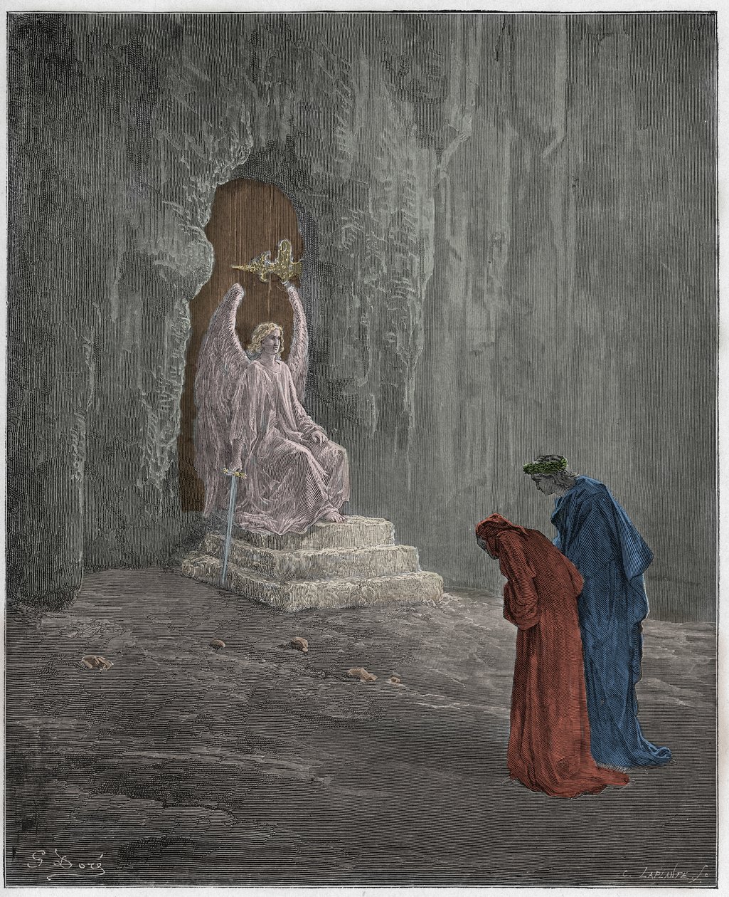 Purgatorio, Canto 9: Dante og Virgil ved skjærsildens portaler, illustrasjon fra "The Divine Comedy" av Dante Alighieri, 1885 av Gustave Dore