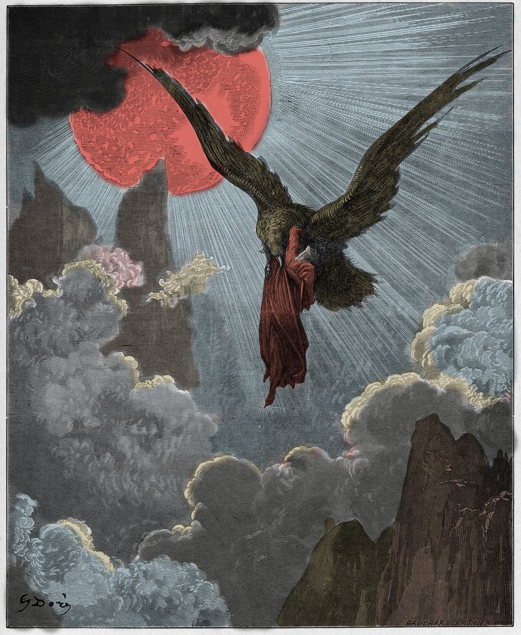 Purgatorio, Canto 9: Dante, i en drøm, blir båret av en ørn, illustrasjon fra "The Divine Comedy" av Dante Alighieri, 1885 av Gustave Dore